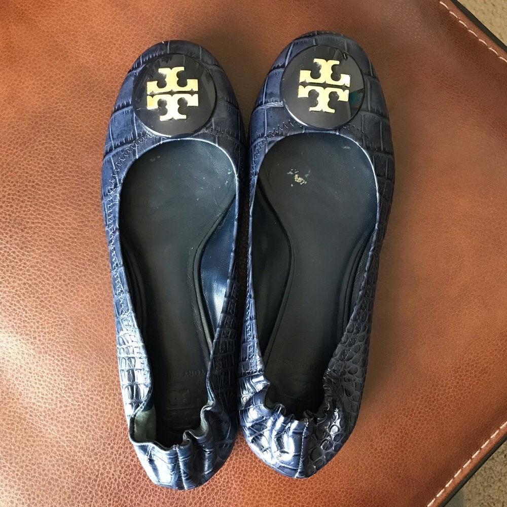 Tory Burch Dark Blue Croc-Patterned Loafers